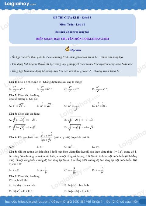 Đề thi giữa kì 2 Toán 11 Chân trời sáng tạo - Đề số 3